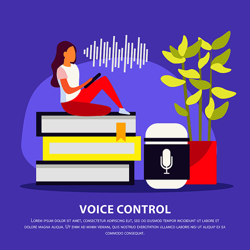 Voice control flat poster with woman in home interior talking with smart speaker gadget vector illustration