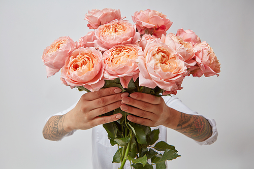 pink roses. A bouquet of roses woman holds in hands on a gray background, valentine's day