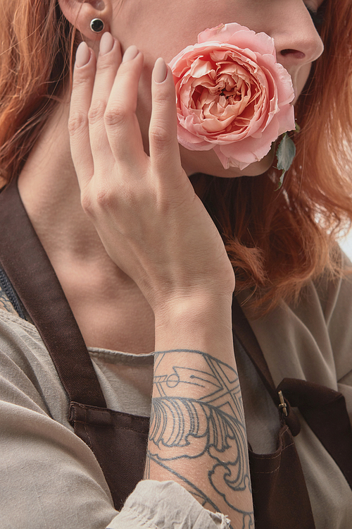 Delicate pink rose in the mouth of a red-haired young girl with a tattoo. The concept of a holiday card
