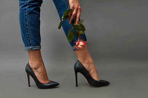 Elegant girl legs in jeans and high-heeled shoes, a girl's hand with a tattoo is holding a pink flower around a dark background with copy space.