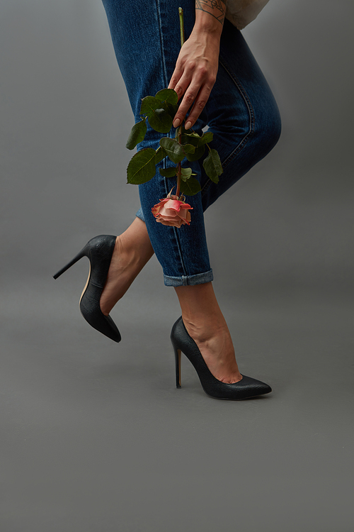 Fashionable black shoes on female legs in jeans, the girl's hand holds a delicate pink rose near her feet on a dark background with space for text.
