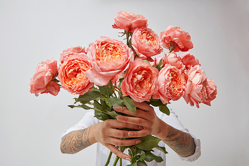 Amazing bouquet of freshly picked roses a color of the year 2019 Living Coral Pantone in a girl's hands with tatoo on a white background. Concept for Valentine's day or Mother's day.