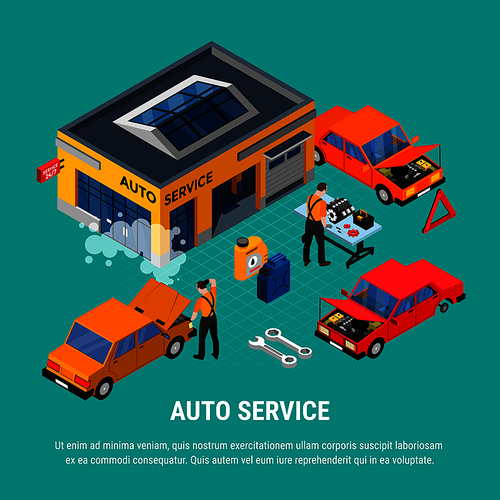 Auto service isometric concept with diagnostics and equipment symbols vector illustration