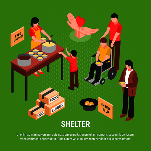 Shelter isometric poster with begging homeless man boxes with clothes and people caring for disabled person vector illustration
