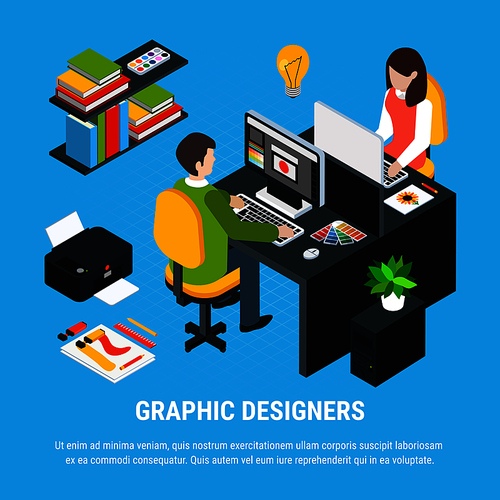 Graphic design isometric colorful concept with two artists working in office 3d vector illustration
