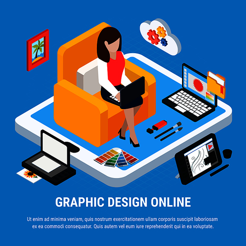 Graphic design isometric concept with woman working on computer on blue background 3d vector illustration