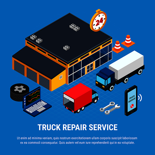 Truck repair service isometric concept with diagnostics symbols vector illustration