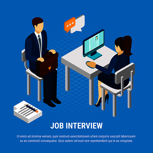 Business people isometric background with human characters of recruitment consultant and job candidate with editable text vector illustration