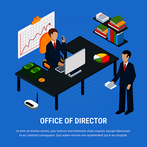 Business people isometric background composition with office interior elements images with top manager and subordinate employee vector illustration