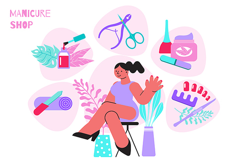 Manicure shop concept with equipment and accessories symbols flat  vector illustration