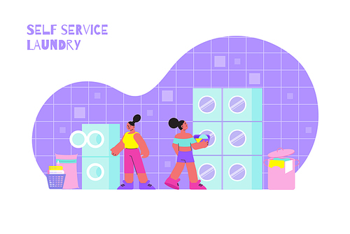 Self service laundry concept with washing symbols flat vector illustration