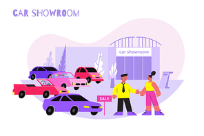 Woman car showroom salon flat composition with female character buying automobile with shop assistant and text vector illustration