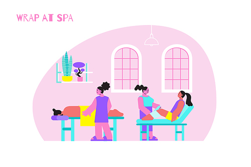 Wrap spa flat composition with indoor massage room scenery with windows shelves and doodle human characters vector illustration