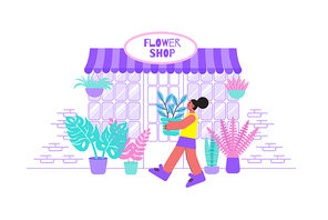 Flower shop flat composition with florist store building and plants with doodle character of female seller vector illustration