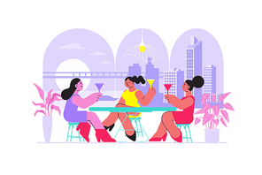 Friend woman cafe flat composition with outdoor urban cityscape and restaurant table with drinking female characters vector illustration
