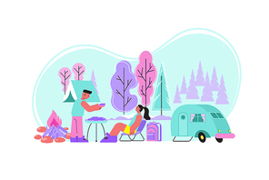 Bbq nature flat composition with outdoor landscape camper van and human couple having good time together vector illustration