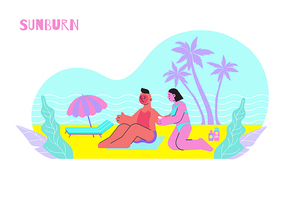 Sunburn flat composition with human characters of young couple sunbathing on beach with first aid cream vector illustration