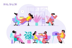 Manicure salon flat composition with text and indoor scenery with furniture and characters of sitting women vector illustration