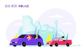 Woman car kid flat composition of text and outdoor scenery with female characters driving passenger cars vector illustration