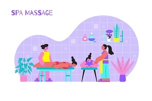 Spa massage flat composition with text and indoor view of female human characters during physical procedures vector illustration