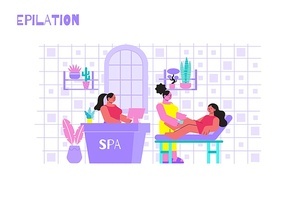 Epilation salon flat composition with indoor view of room with furniture and characters of shaving women vector illustration