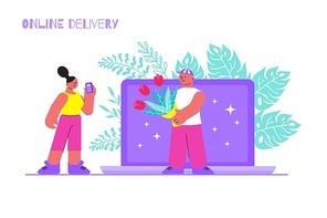Flower online delivery flat composition with gadgets laptop and doodle human characters of people with flowers vector illustration