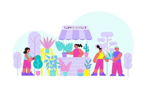 Flower market flat composition with outdoor scenery trees and stall with woman selling flowers and people vector illustration