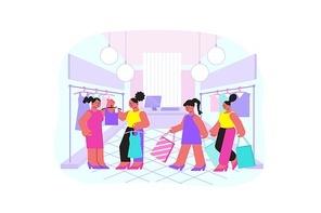 Friend woman shopping flat composition with indoor mall scenery clothes hangers and female characters with bags vector illustration