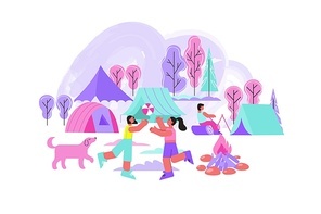 Tent camp flat composition with outdoor landscape and trees with tents and playing children with dog vector illustration