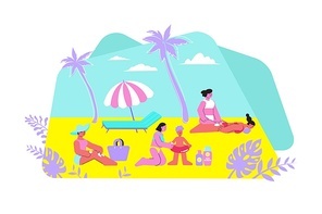 Sun protection cream flat composition with tropical sandy beach outdoor landscape and people with protective cream vector illustration