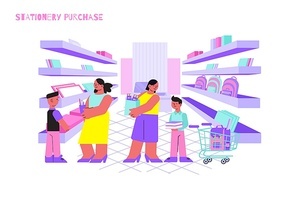 Parents with children making purchases in stationery shop flat vector illustration