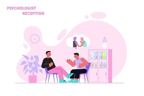 Man telling male psychologist about his problems flat vector illustration