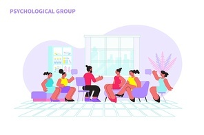 Women at psychological group interview with male psychologist flat vector illustration