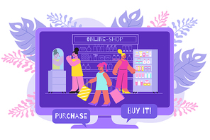 Online cosmetic shop composition with desktop computer screen thought bubbles with text and flat human characters vector illustration