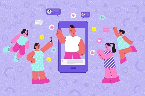 Influencer flat composition with smartphone and opinion leader guy surrounded by followers and emoticon like pictograms vector illustration