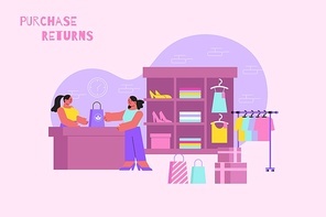 Purchase returns flat composition with fashion clothes store scenery and client giving item back to seller vector illustration