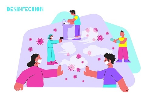 Hand disinfection coronavirus flat composition with protected people wearing gloves washing hands with contactless greeting images vector illustration