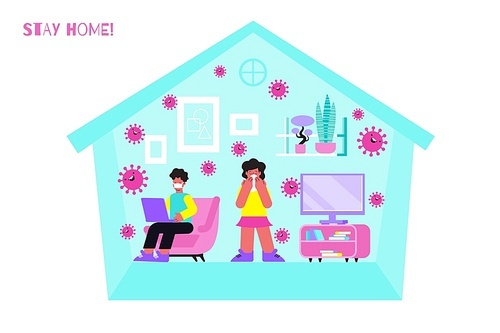 Quarantine coronavirus flat composition of shelter house with people and images of mad virus bacteria character vector illustration