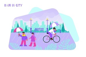 People walking and riding bike with umbrellas under rain flat vector illustration