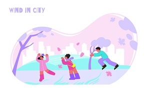 People walking in park in windy weather flat vector illustration