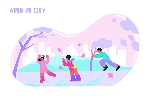 People walking in park in windy weather flat vector illustration