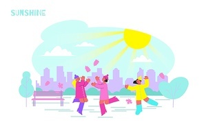 Happy people walking in park in sunny autumn day flat vector illustration