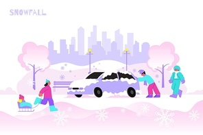 Snowfall in city and walking people flat vector illustration