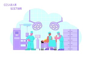 Women lying on operating table after caesarean section and doctor holding newborn baby flat vector illustration