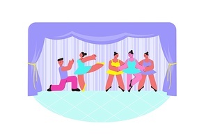 Ballet performance composition with flat characters of dancing people in costumes performing on stage with curtains vector illustration