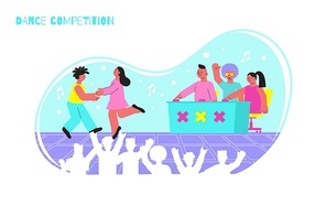 Dance competition flat composition with dancing pair jury and auditorium vector illustration