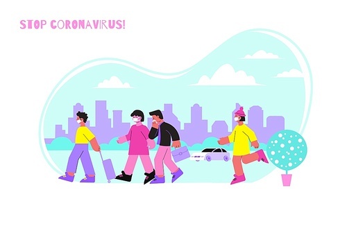 Protection mask coronavirus composition with text and people wearing masks walking outdoors with flat cityscape background vector illustration