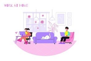 Quarantine home work coronavirus flat composition with text and indoor scenery with coworking persons in masks vector illustration