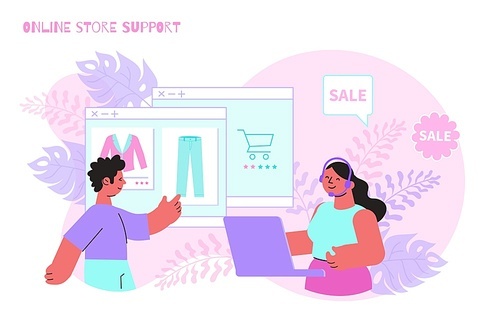 Online store support service with sale icons and young couple ordering goods over internet flat vector illustration