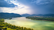 Aerial view of Danube river near Visegrad in Hungary. Summer rain and stormy weather. Danube river valley panorama.